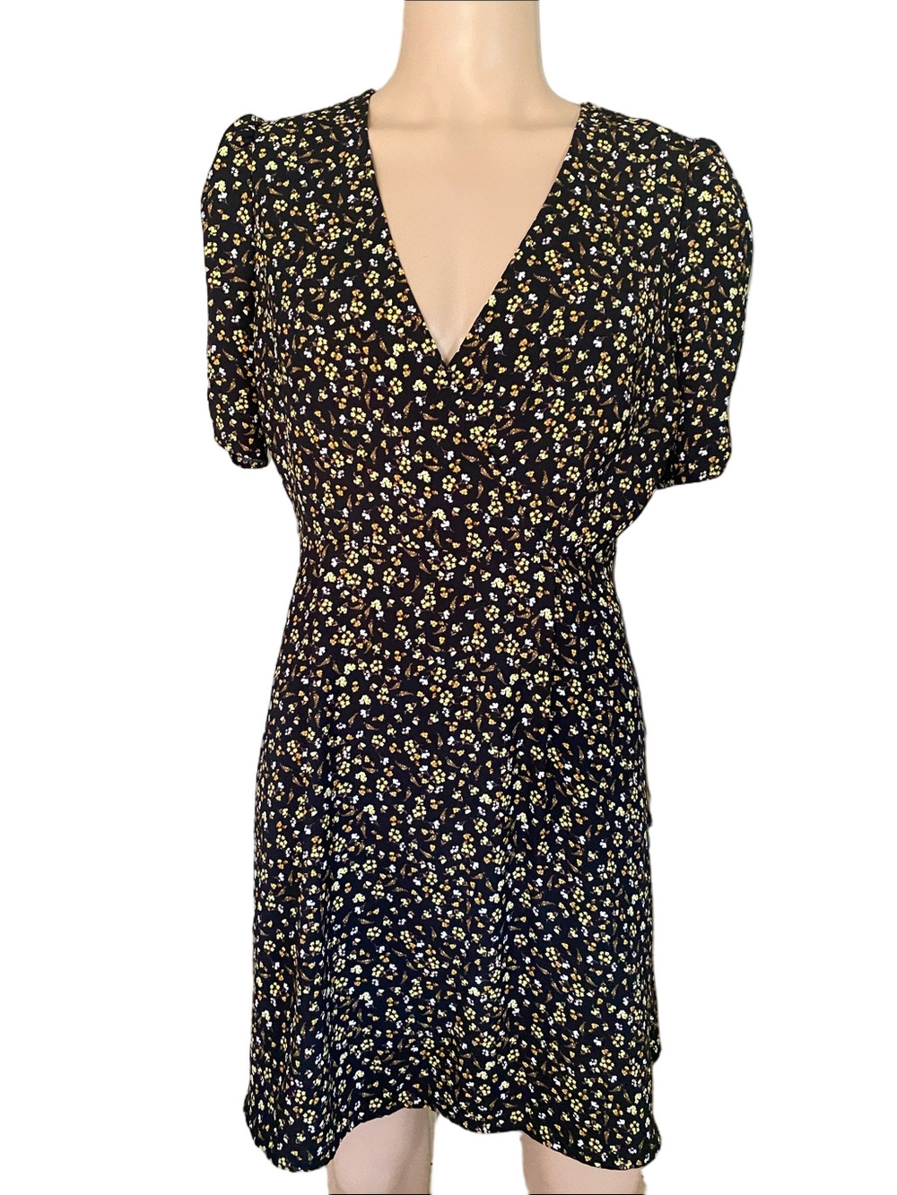 Black Floral V-Neck Daydress with Yellow Accent